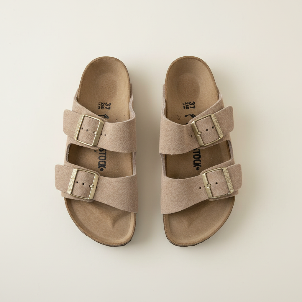 Pair of beige sandals with buckles on a light background