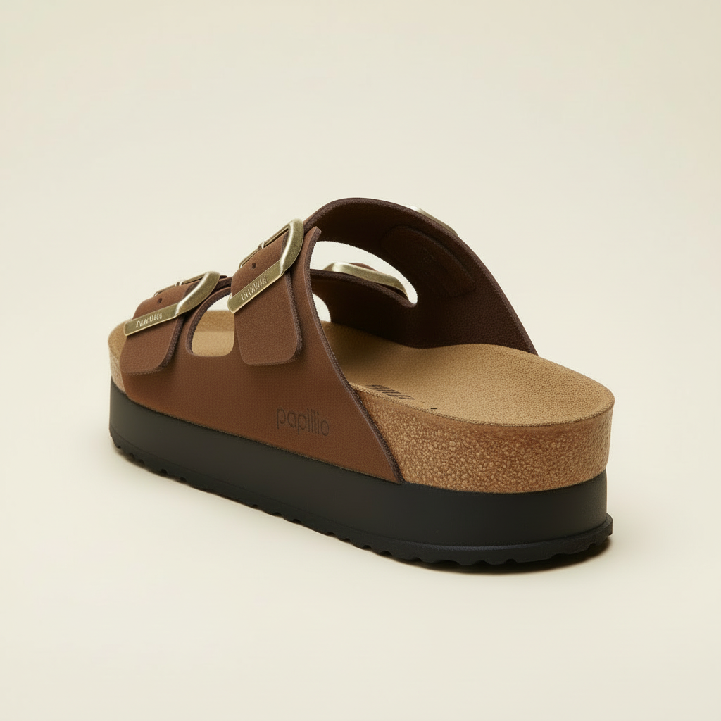 Brown sandal with cork sole on a beige background