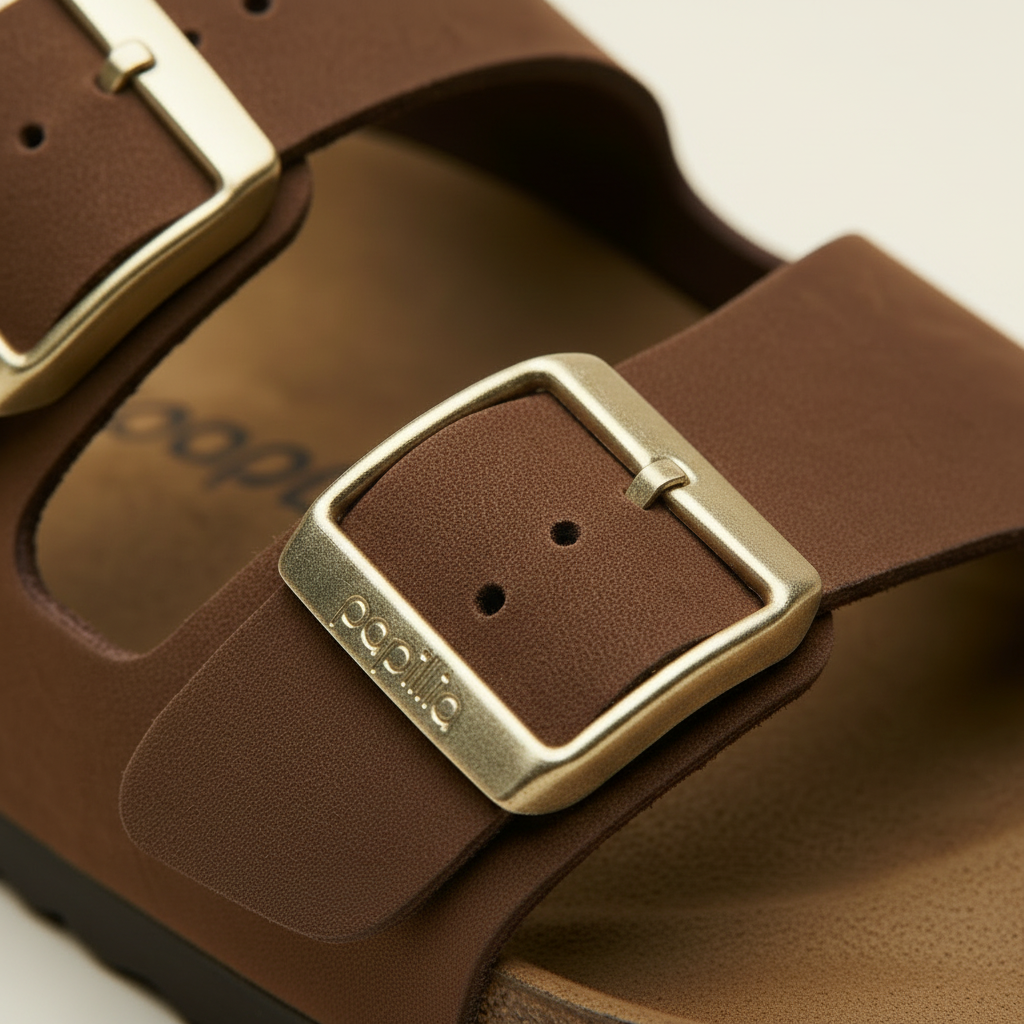 Brown sandal with gold buckle on a beige background