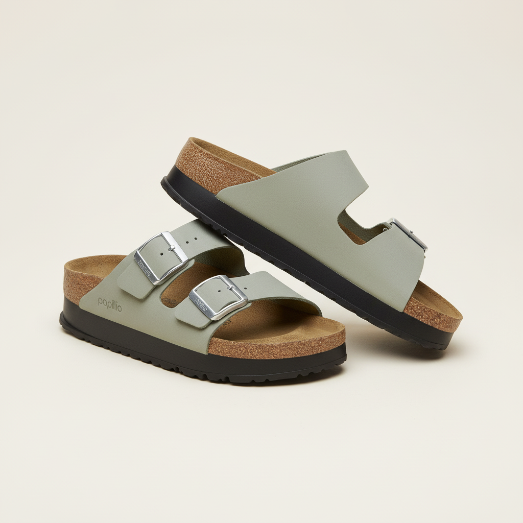 Pair of sandals with cork sole on a light beige background