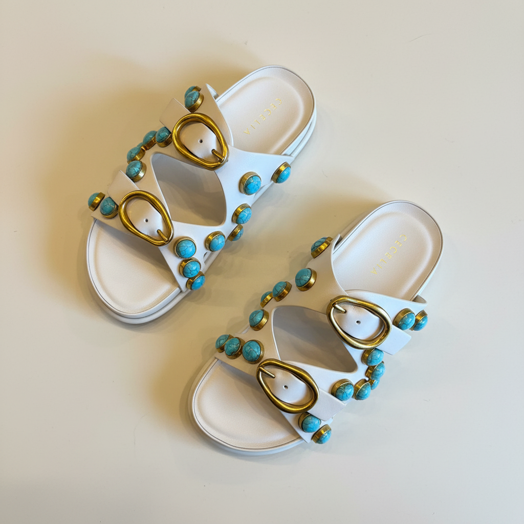 Pair of white sandals with gold and turquoise embellishments on a beige background
