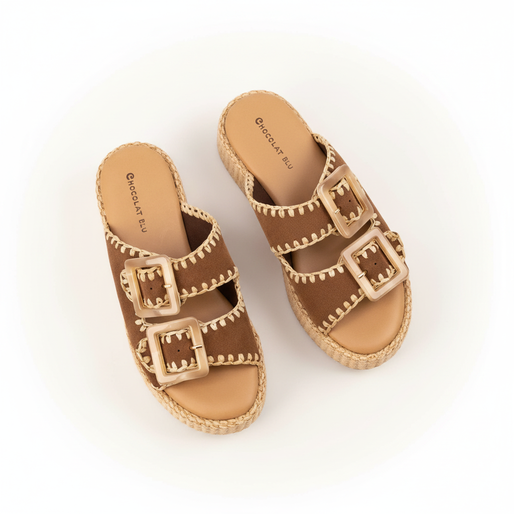 Pair of brown sandals with buckles on a white background