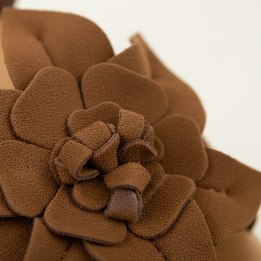 Brown sandal with a decorative flower on a neutral background