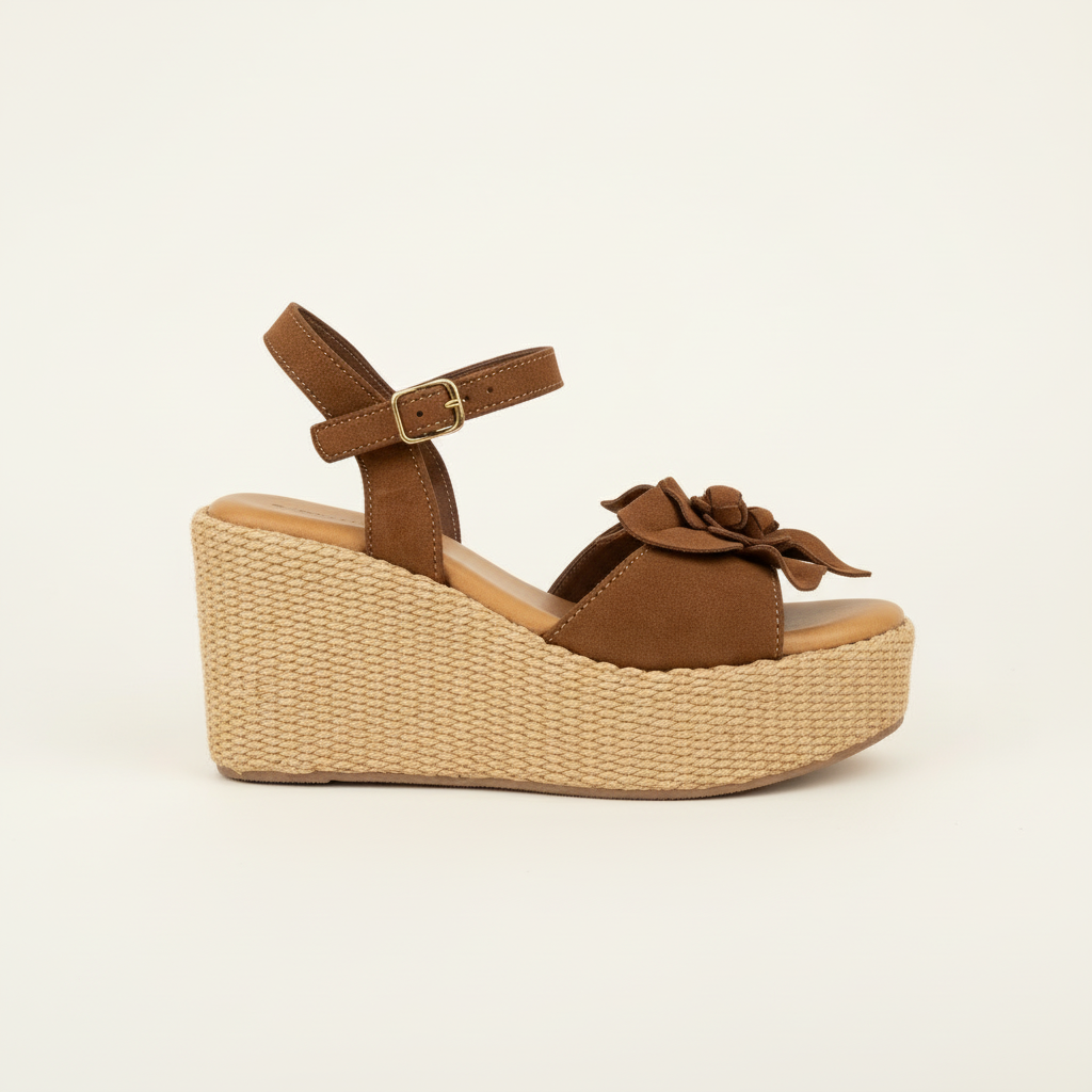 Brown wedge sandal with a flower detail on a beige background