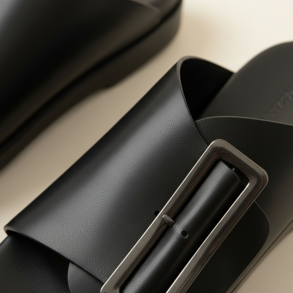 Close-up of a black leather belt with a silver buckle on a beige surface.