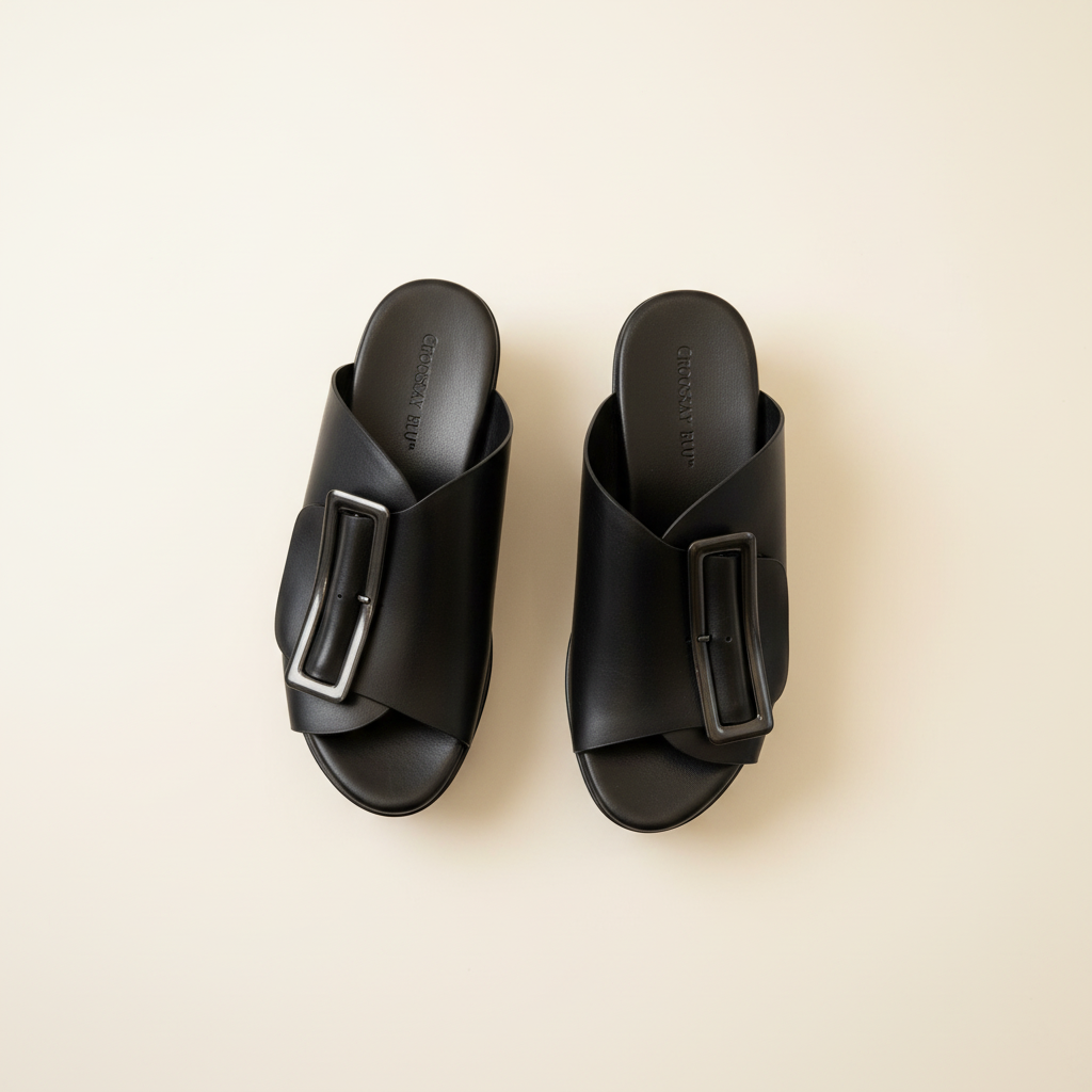 Pair of black sandals with buckles on a beige background