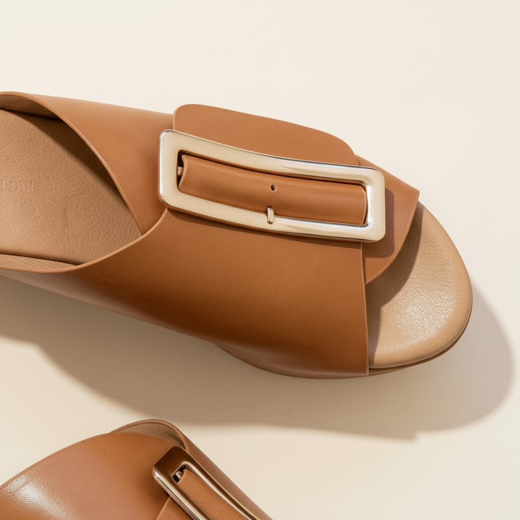 Brown sandal with a gold buckle on a beige background