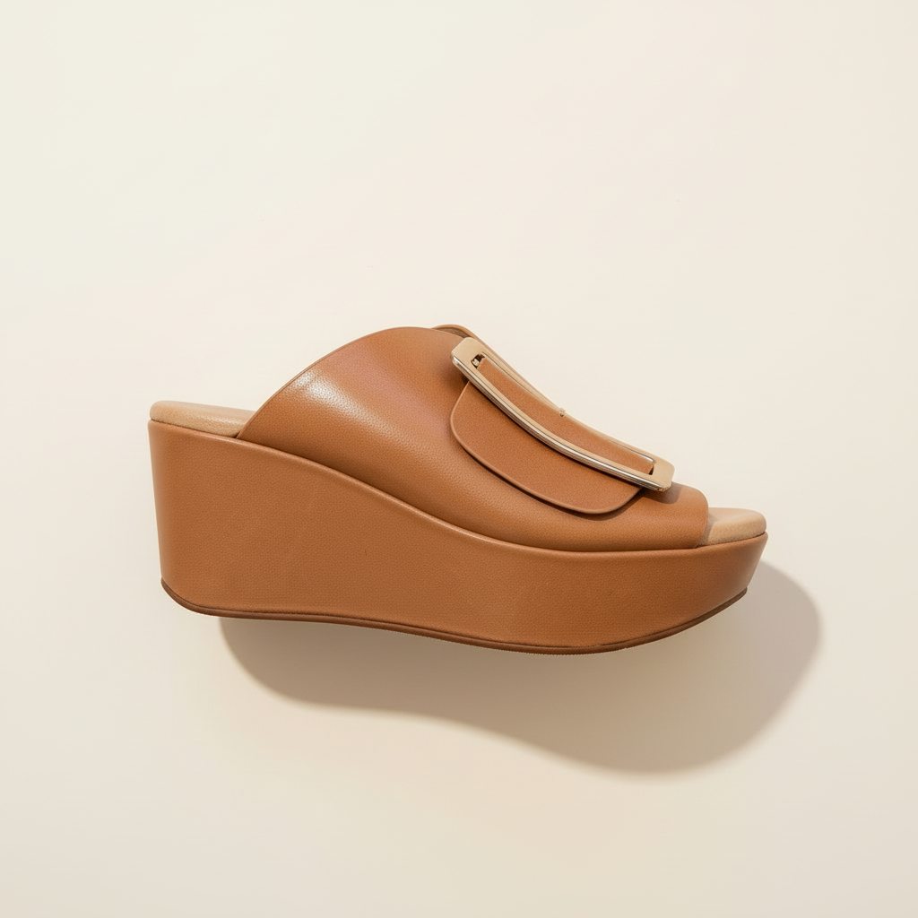 Tan wedge sandal with a platform sole on a beige background