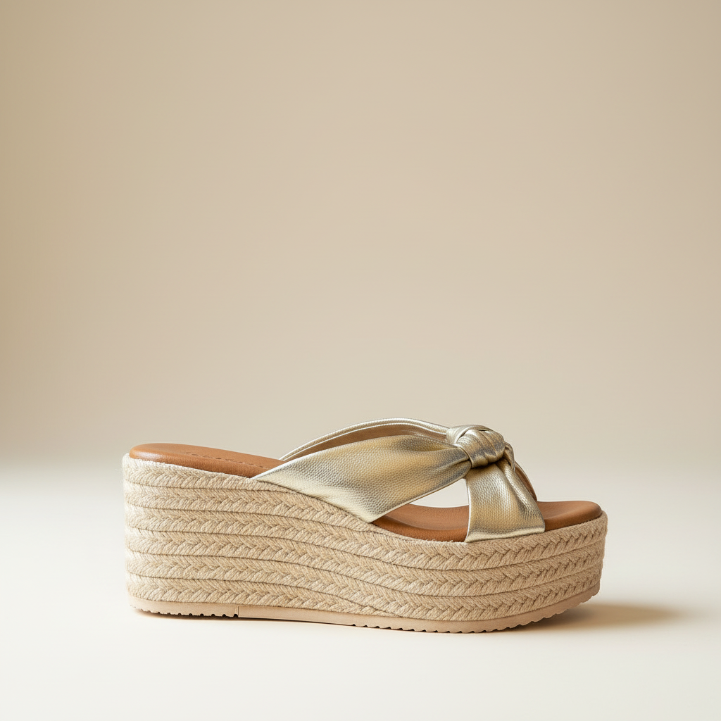 Gold wedge sandal with espadrille sole on a beige background