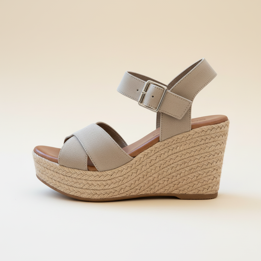 Beige wedge sandal with espadrille sole on a beige background