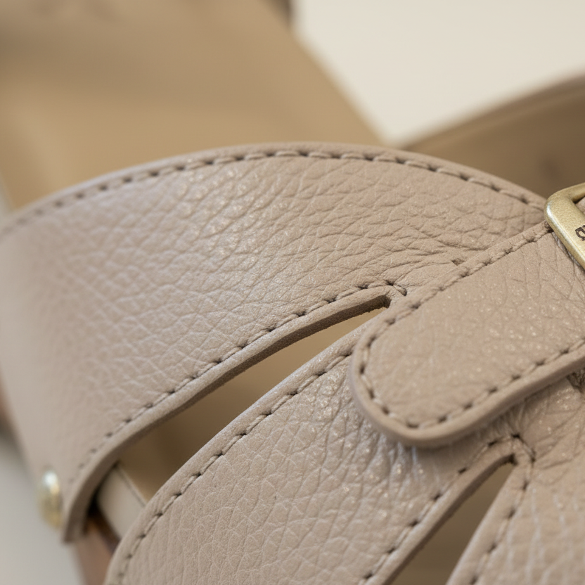 Close-up of beige leather sandals with gold buckles on a blurred background