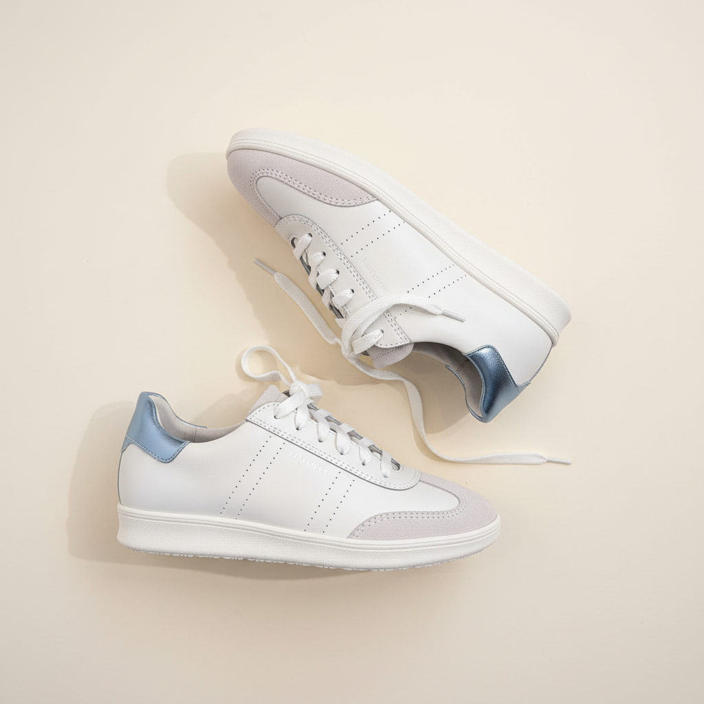 White sneakers with light blue accents on a beige background