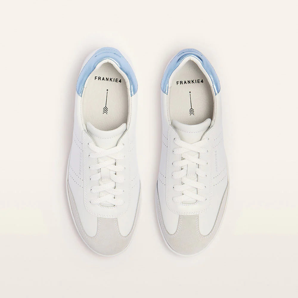 White sneakers with light blue accents on a white background