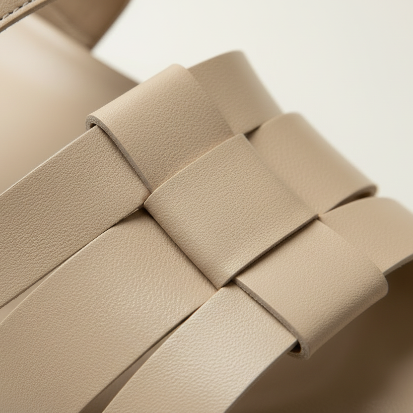 Close-up of a beige woven leather strap on a light background