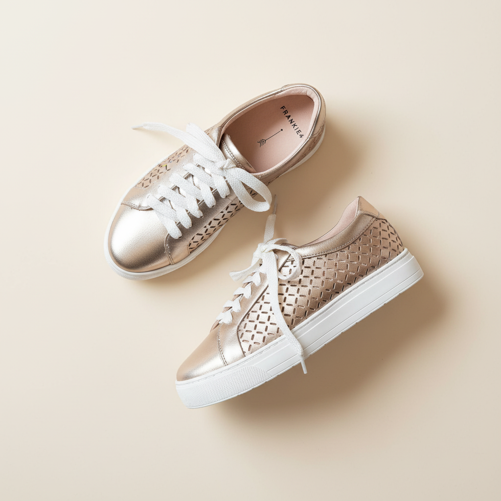 Pair of metallic sneakers with white laces on a beige background