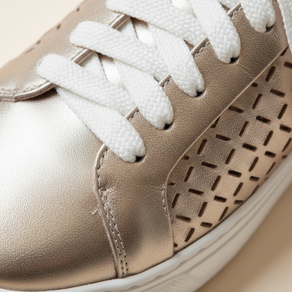 Close-up of a beige sneaker with white laces on a beige background