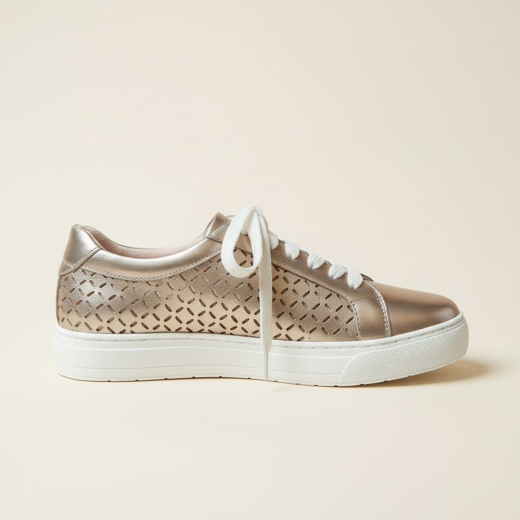 Beige sneaker with laser-cut design on a beige background