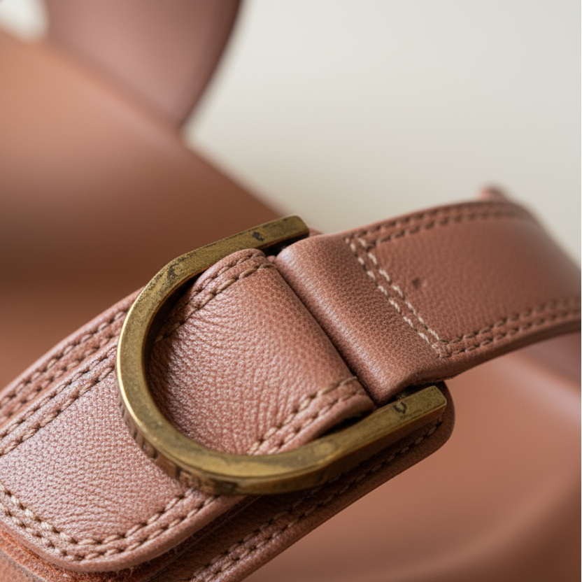 Close-up of a brown leather belt with a brass buckle.