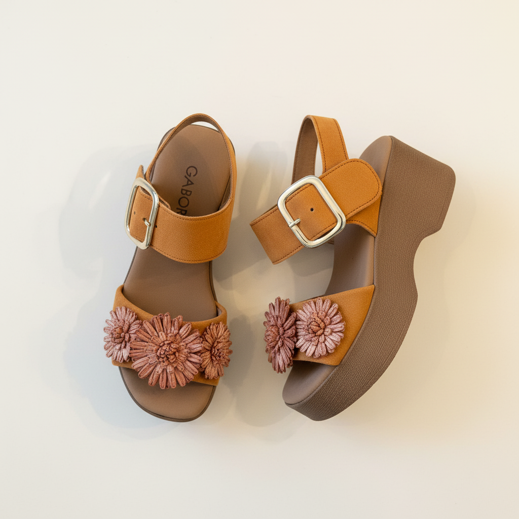 Pair of brown sandals with floral decorations on a light background