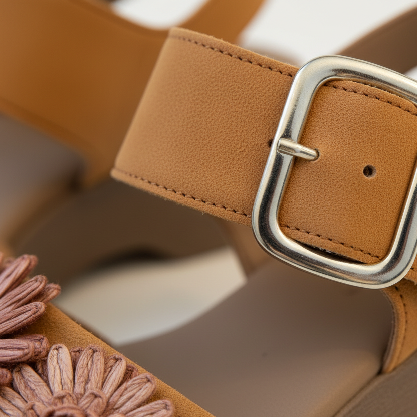 Close-up of a brown sandal with a silver buckle on a blurred background