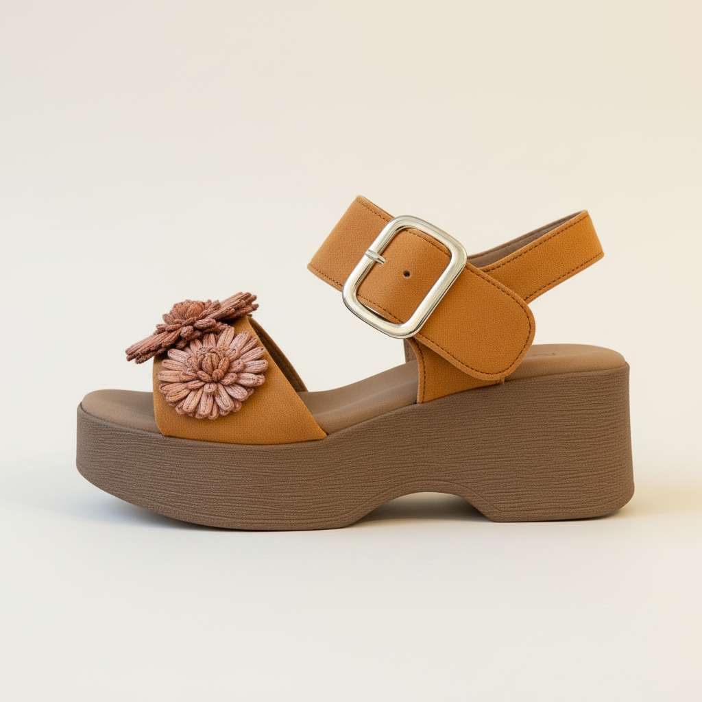 Brown sandal with a flower detail and buckle on a light beige background