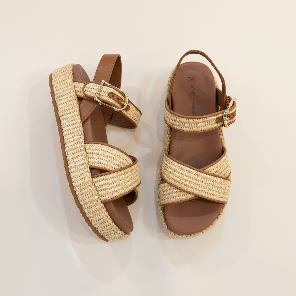 Pair of strappy sandals with woven straps on a light background
