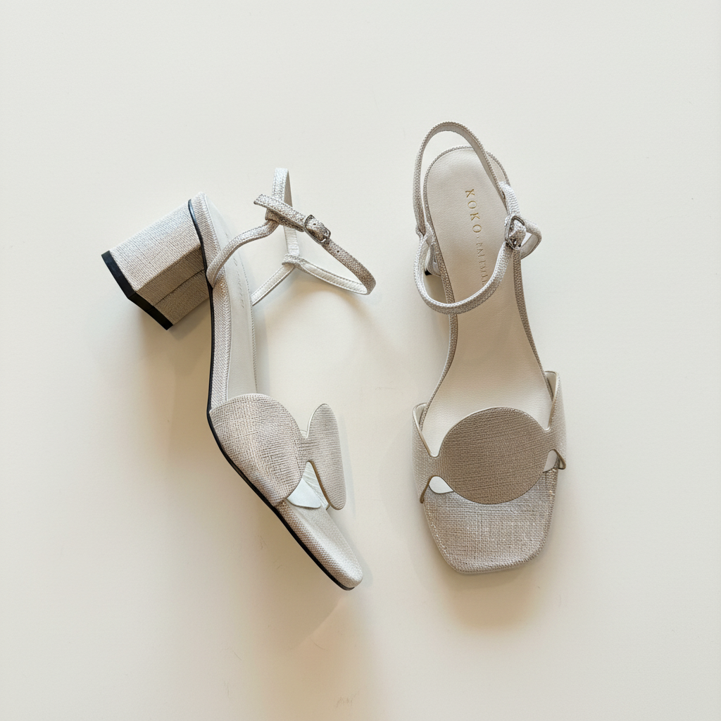 Pair of silver high-heeled shoes on a light background