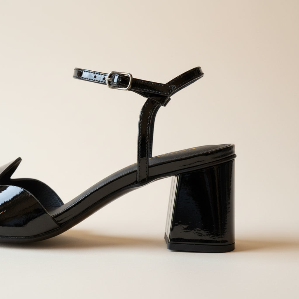 Black patent leather sandal on a beige background