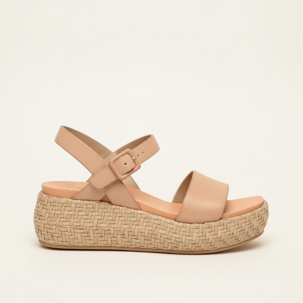 Beige sandal with woven platform sole on a light beige background