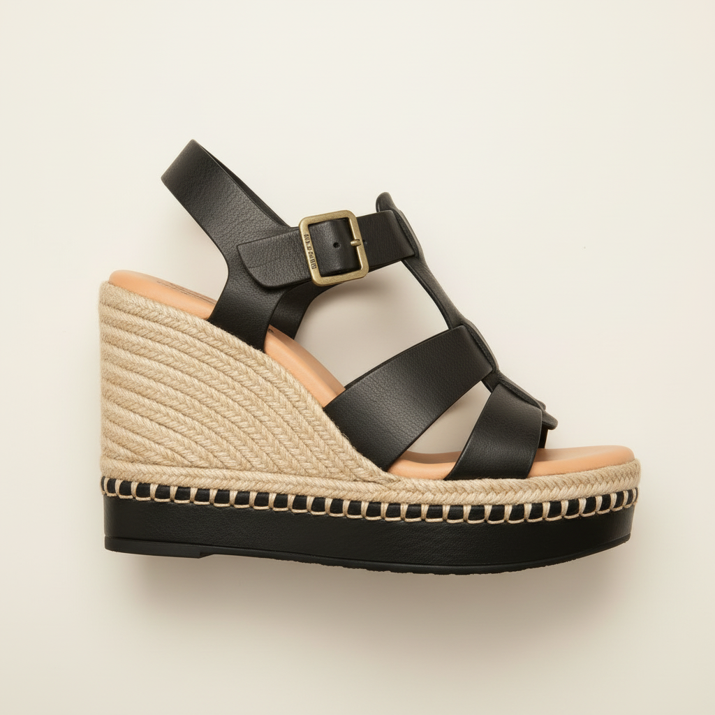 Black wedge sandal with espadrille sole on a light beige background