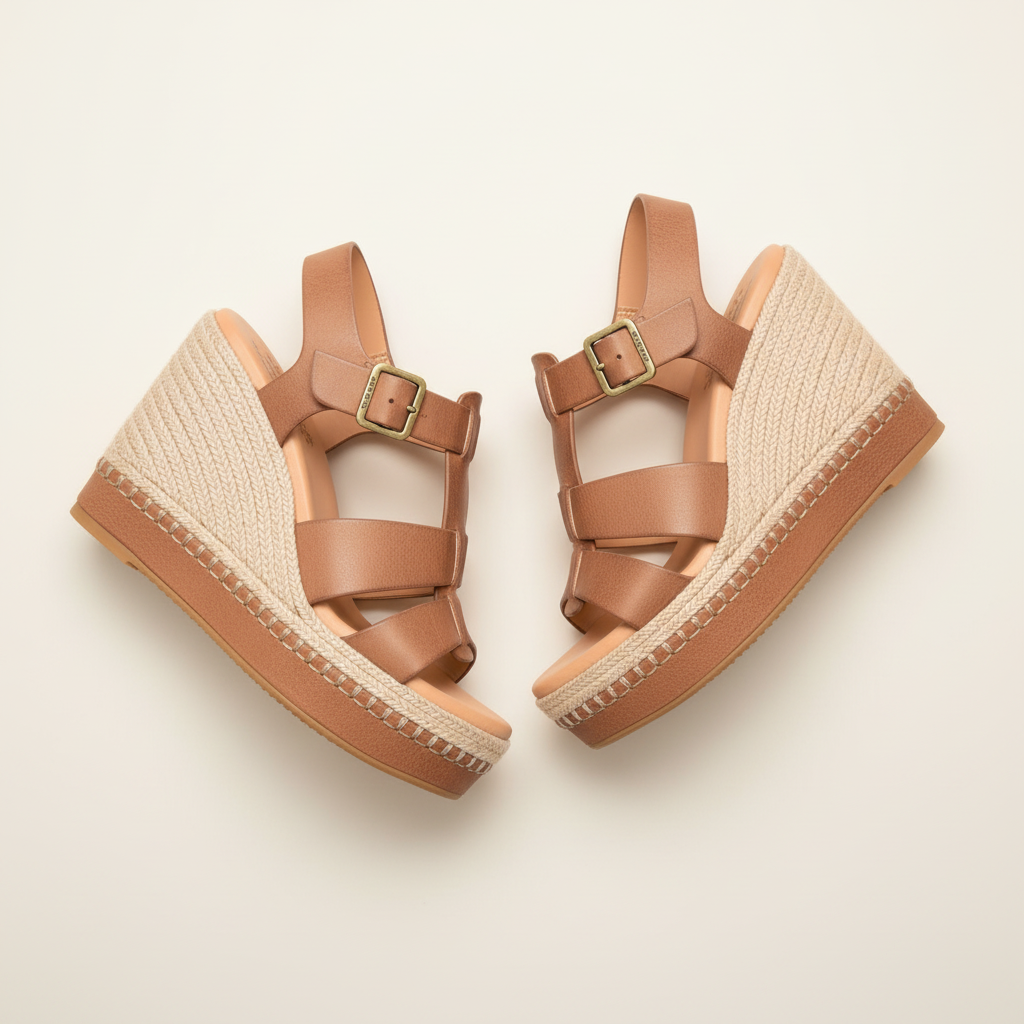 Pair of brown wedge sandals with espadrille soles on a light beige background