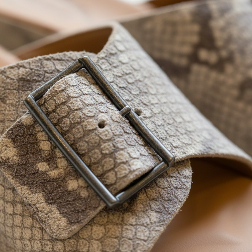 Close-up of a brown sandal with a buckle on a blurred background