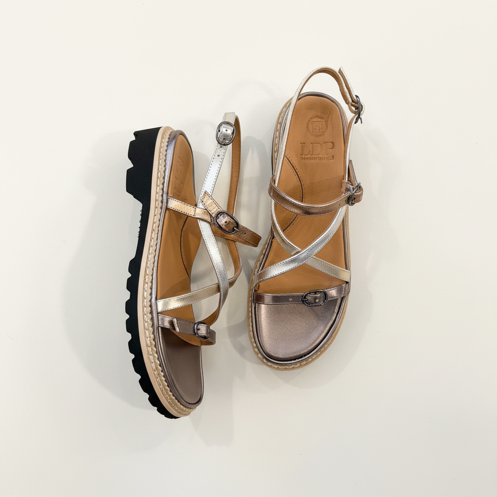 Pair of strappy sandals on a light background
