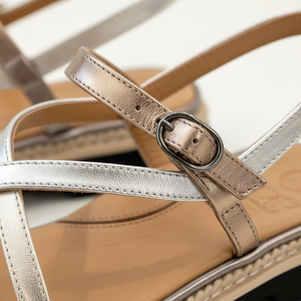 Close-up of a sandal with metallic straps on a blurred background