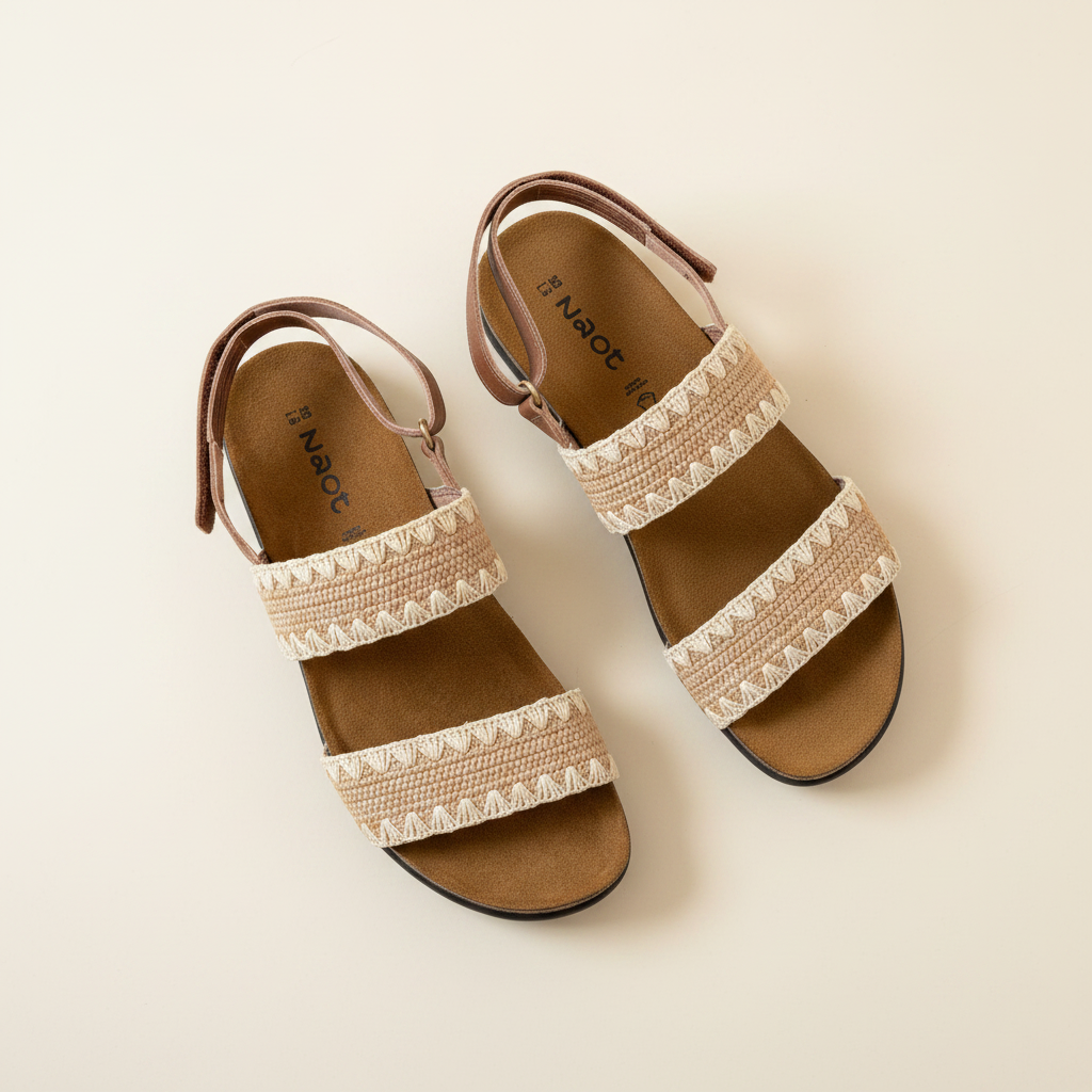 Pair of brown sandals with decorative straps on a beige background