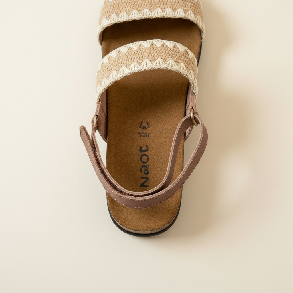 Brown sandal with woven strap on a beige background