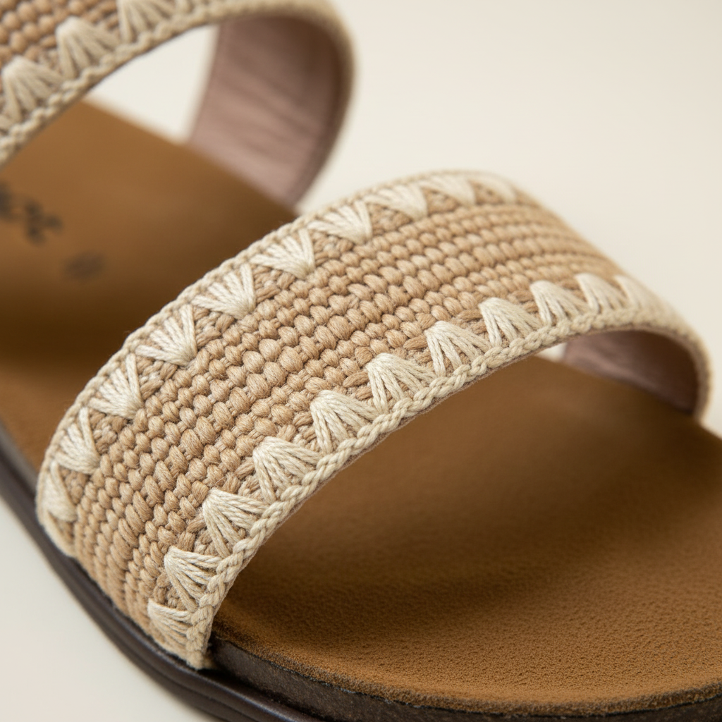 Close-up of a sandal with woven strap and brown sole on a light background