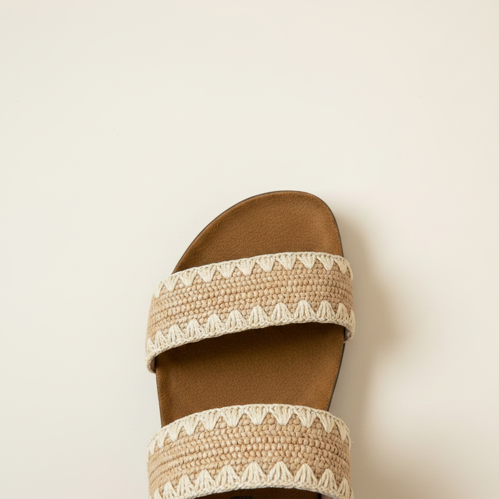Brown sandal with white woven straps on a beige background