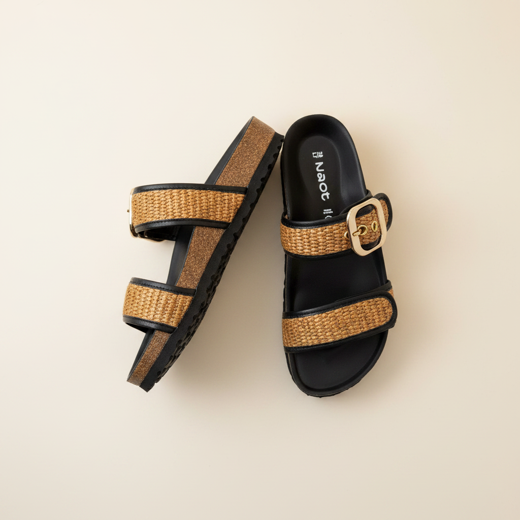 Pair of sandals with woven straps and gold buckles on a beige background