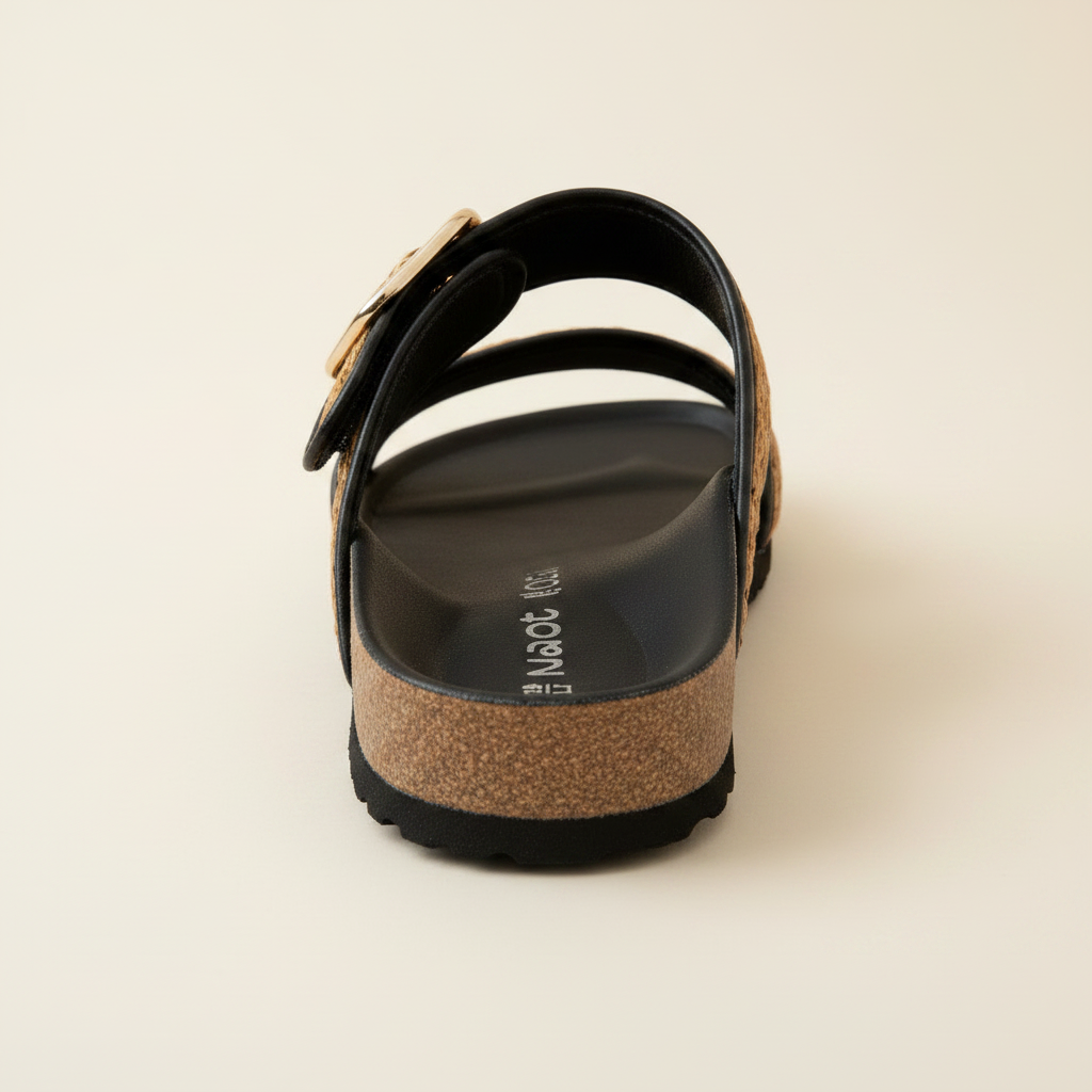 Brown sandal with cork sole on a beige background