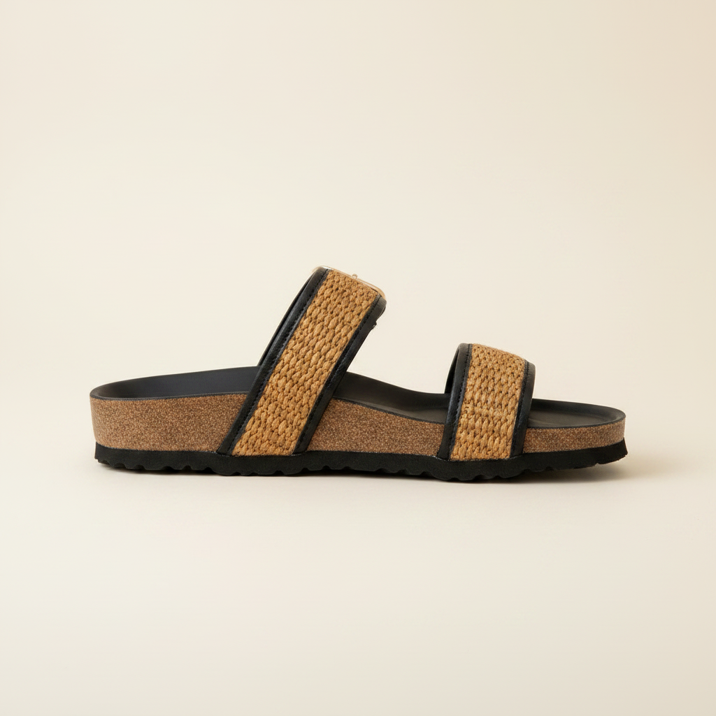 Brown sandal with black sole on a beige background