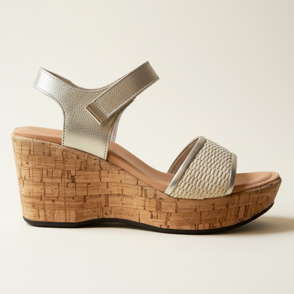 Wedge sandal with cork wedge and metallic straps on a beige background