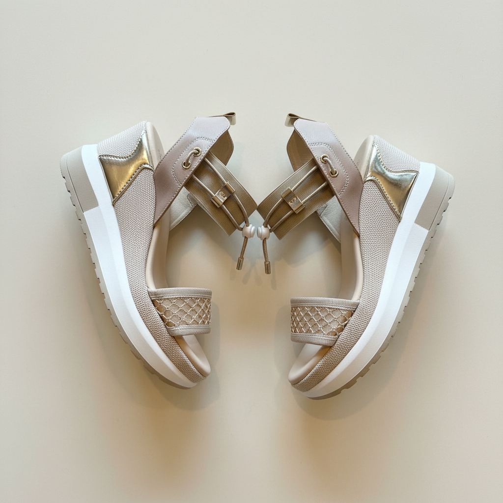 Pair of beige sandals with gold accents on a light background