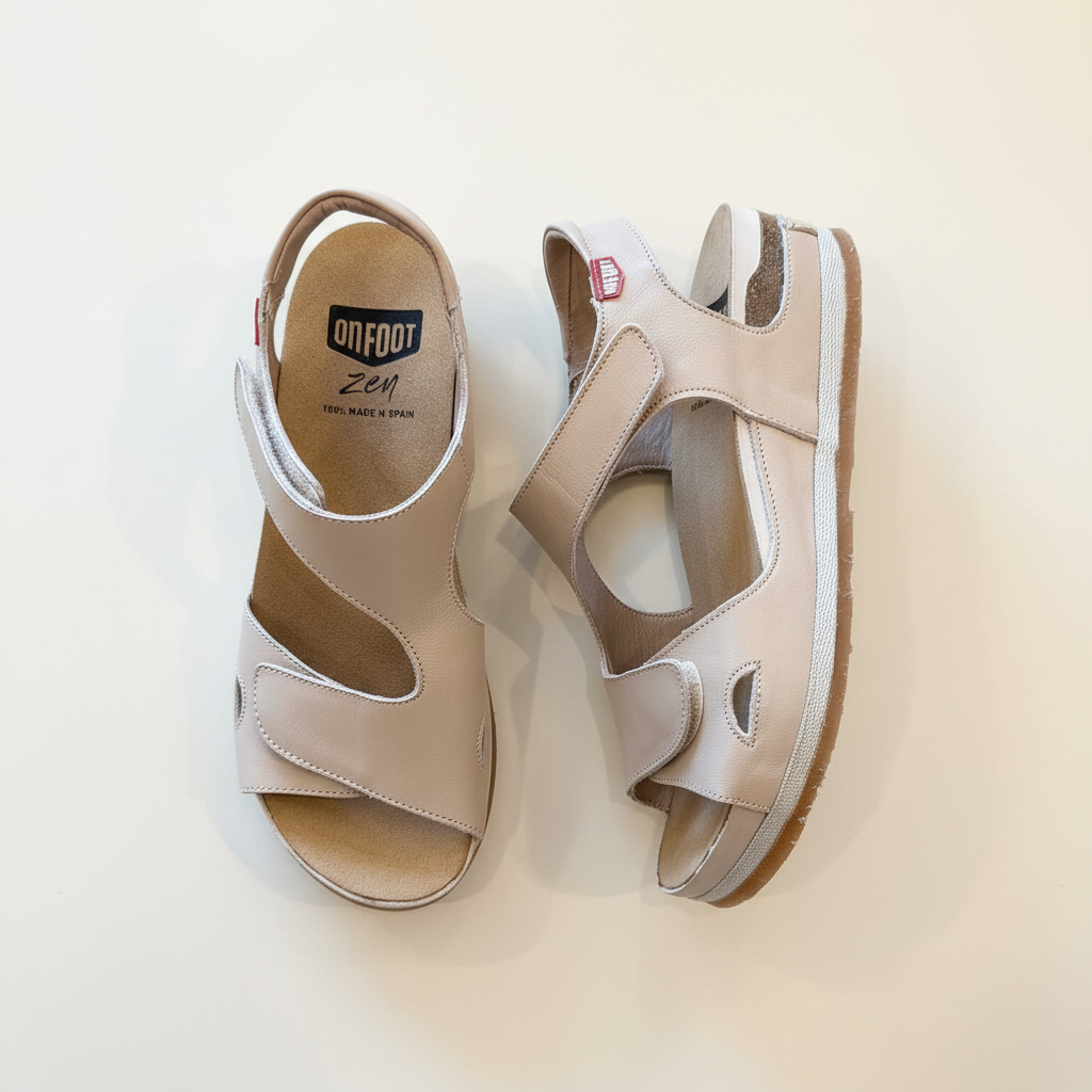 Pair of beige sandals with white soles on a light background