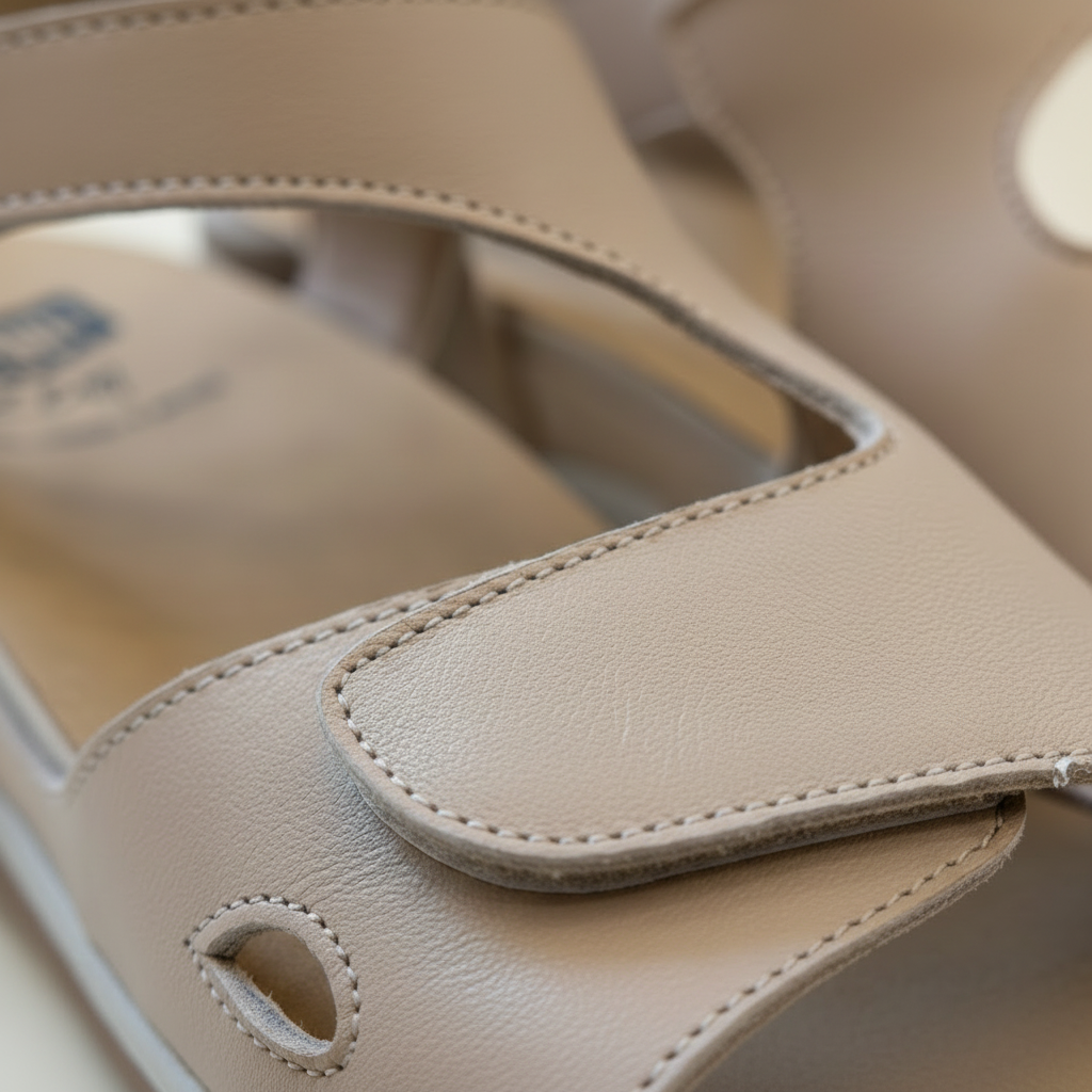 Close-up of a beige sandal with a blurred background