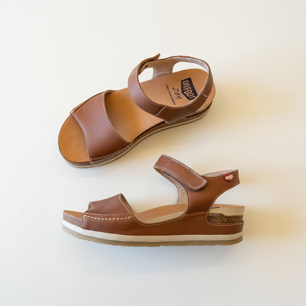 Pair of brown sandals on a light background