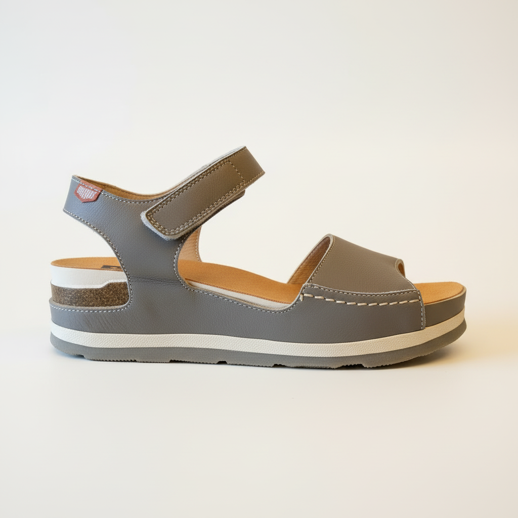 Gray sandal with brown accents on a white background