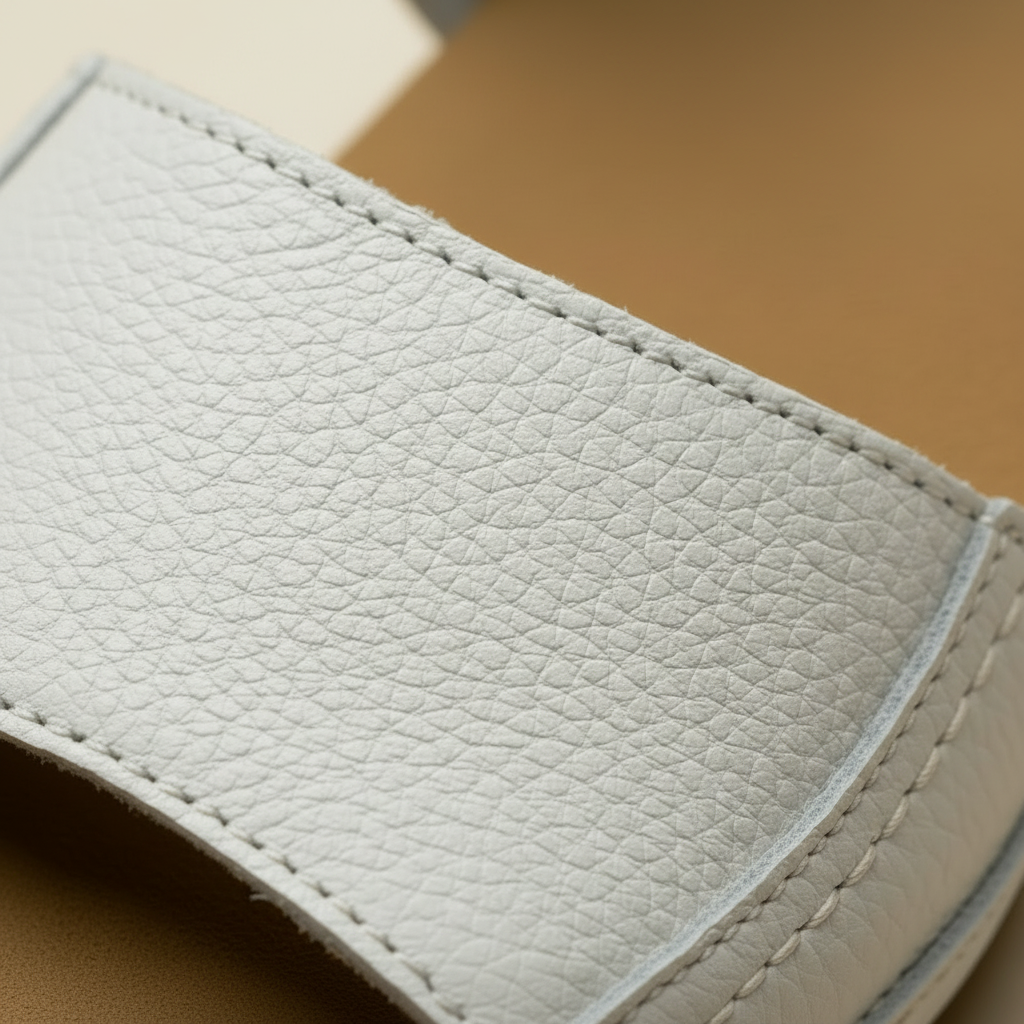 Close-up of a light gray leather strap with stitching detail on a beige background