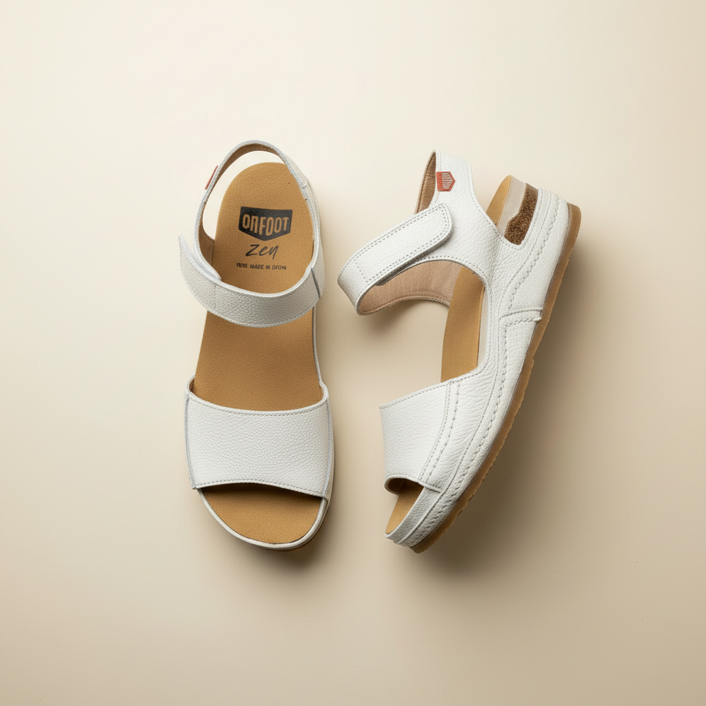 White sandals with brown soles on a beige background