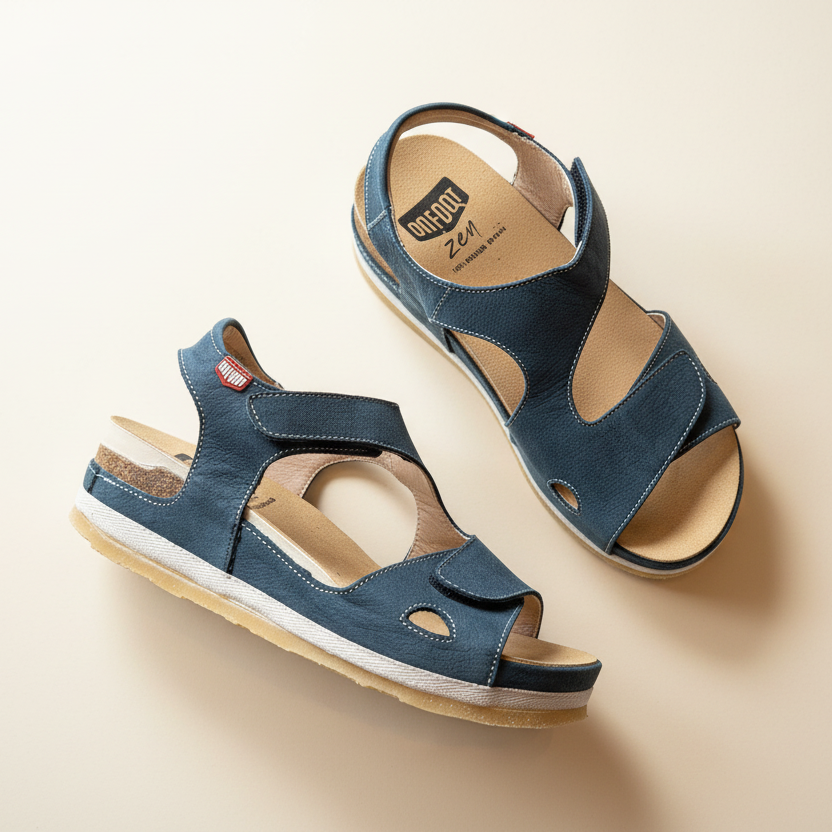 Pair of blue sandals on a beige background